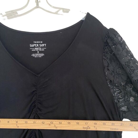Torrid Super Soft Mini Dress 3X Black Lace V-Neck Ruched Long Sleeve Whimsigoth - Picture 4 of 6